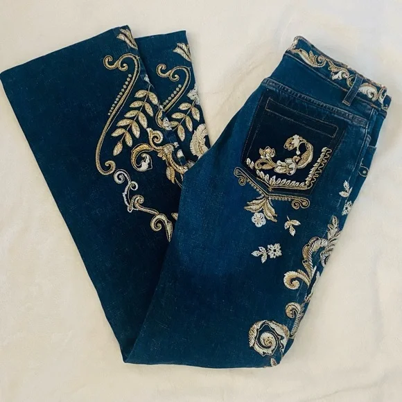 Y2K Roberto Cavalli RARE Metallic Embroidered Floral Print Vintage Denim Jeans